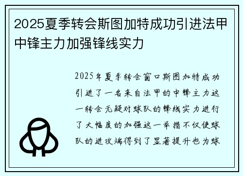 2025夏季转会斯图加特成功引进法甲中锋主力加强锋线实力