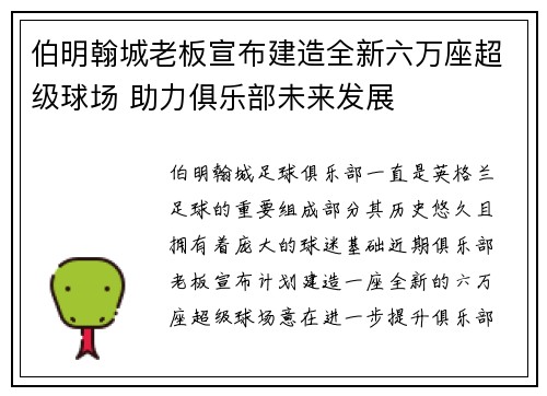 伯明翰城老板宣布建造全新六万座超级球场 助力俱乐部未来发展